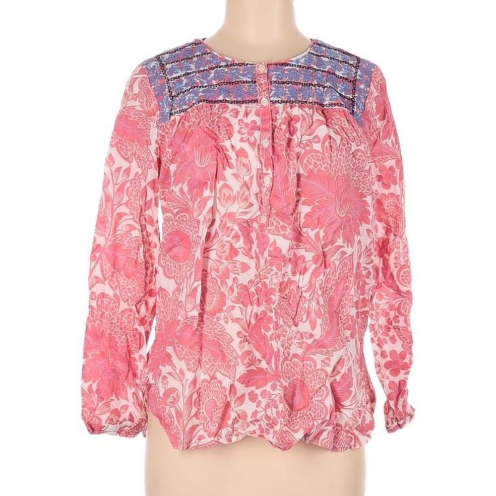NWOT J. Crew Pink Floral Blouse with Blue Embroidery Detail Sz L